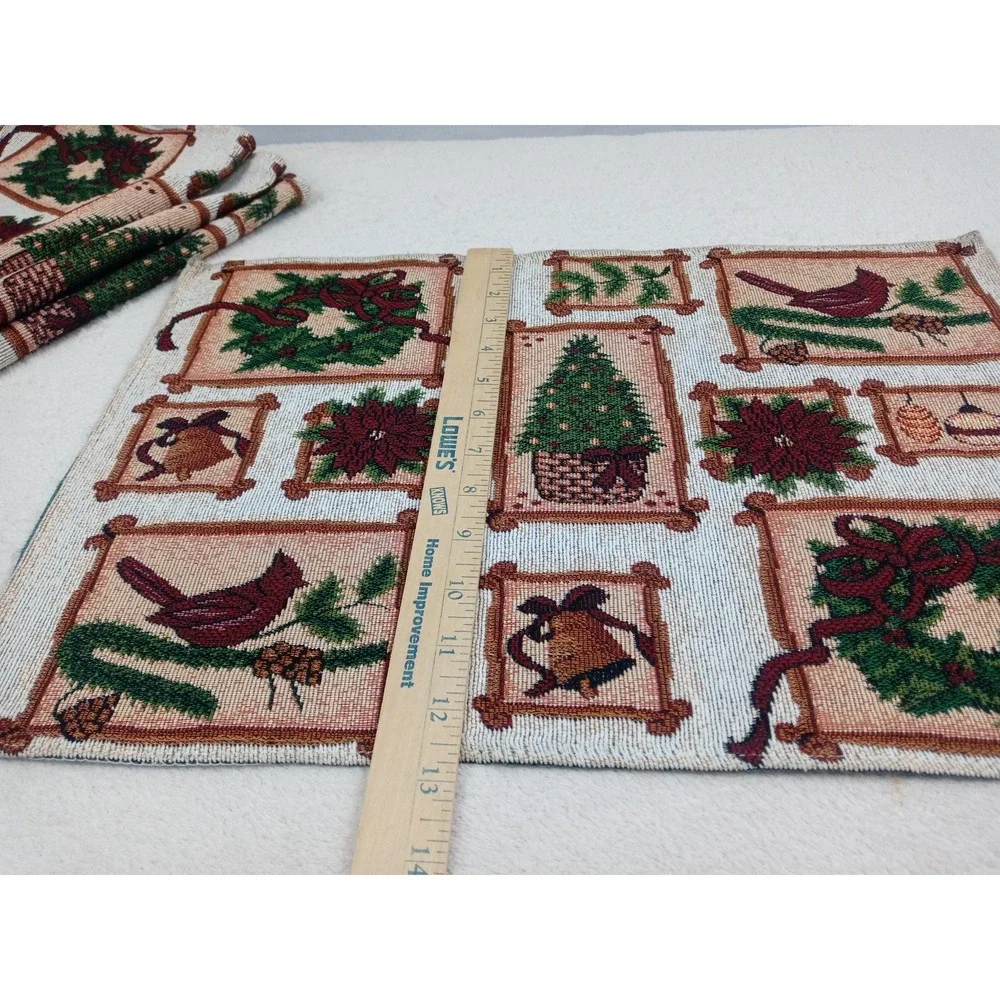 Christmas Tapestry Placemats Set of 4 Holiday Birds Wreaths Tree Bells Poinsetti